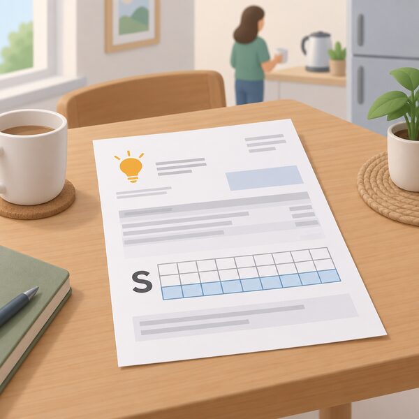 A printed electricity bill lying on a household table, shown as a physical sheet with blank line blocks, featuring a grid of plain number boxes marked with a large letter S, the bottom row of the grid standing out as the MPAN.