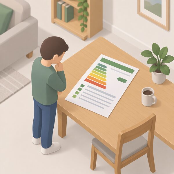 A domestic Energy Performance Certificate shown as a physical document lying on a table in a home, with a simplified isometric figure of a homeowner standing beside it reading the certificate's recommendations page.