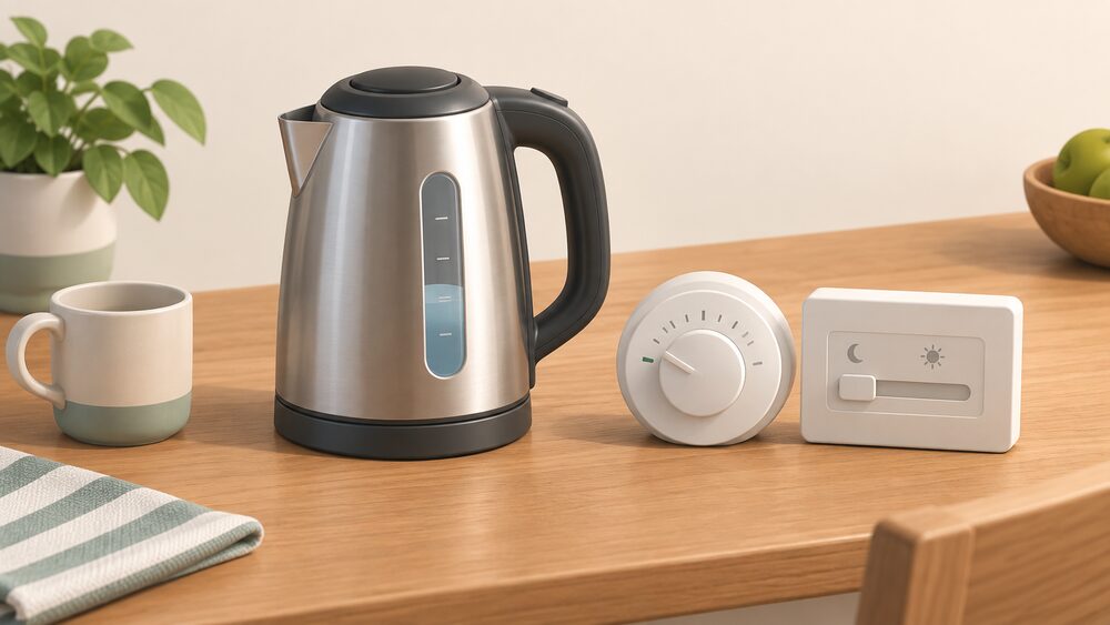 A kitchen table holding a kettle filled only partway up its water level window, beside a round room thermostat with its dial turned low and a simple heating programmer with a plain slider, arranged as the free settings-and-habits actions a household can do in a weekend.
