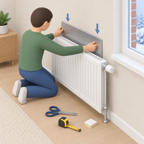A simplified figure slides a cut-to-size reflector panel down the gap behind a radiator mounted on an external wall, pressing the panel flat against the wall, with a thermostatic radiator valve turned off and scissors and a tape measure resting nearby.