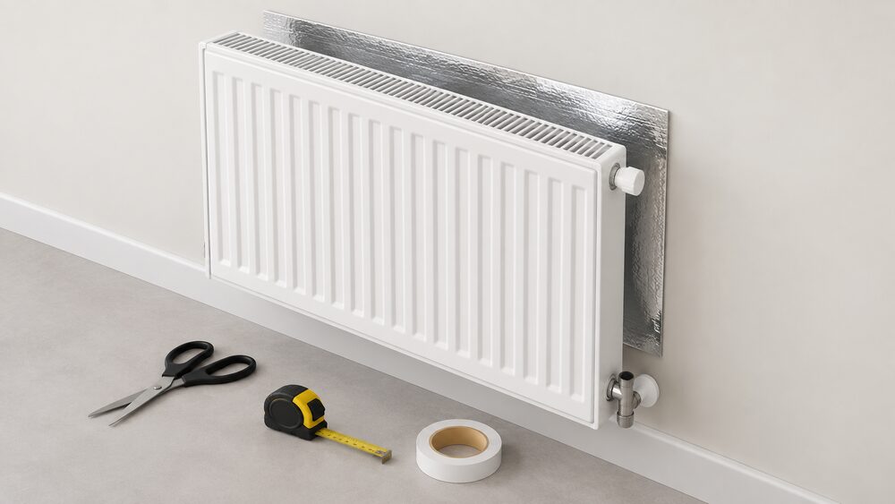 A single wall-hung panel radiator lifted slightly forward from an external wall so a shiny foil reflector panel is visible in the gap behind it, with scissors, a tape measure and a roll of double-sided tape resting on the floor below.