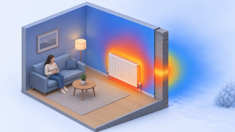 A thermal-image-style cutaway of a room corner showing a radiator mounted on an uninsulated external wall, with warm colour glow passing from the radiator through the wall and fading to cool colours outside, while the rest of the room stays cooler.