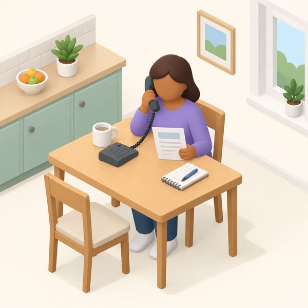 A householder seated at a kitchen table telephoning a free advice line, holding a paper energy bill, with a notepad and pen beside them as they talk through benefits, money and bill problems.