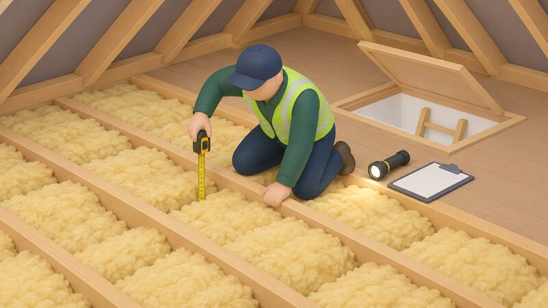 A simplified isometric figure of a home energy advisor kneeling in a loft, pulling a tape measure down to the depth of the mineral wool insulation between the joists, with a torch and clipboard beside them and the hatch opening behind.