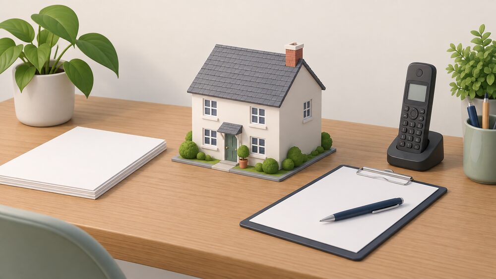 A small model of a house sits on a table beside blank paperwork, a clipboard with a pen, and a cordless telephone, suggesting a household starting a conversation with a local retrofit advice hub.