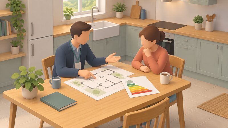 A retrofit advisor sits at a kitchen table with a householder, pointing at a printed house plan and an energy performance certificate laid out between them as they discuss improvements to the home.