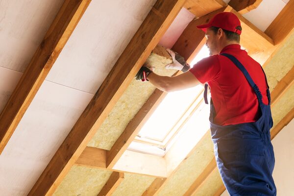 A worker in red shirt and blue overalls fitting mineral wool insulation between roof rafters in a loft