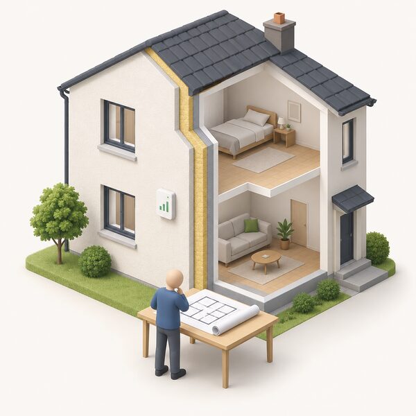 A cutaway home exterior with one completed retrofit measure, such as newly fitted wall insulation, while a simplified figure stands nearby studying a rolled retrofit plan spread on a table, with a small monitoring device on the wall recording how the finished measure performs.