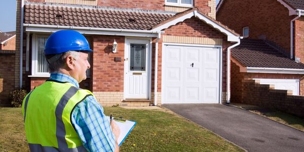 An assessor in a blue hard hat and hi-vis vest with a clipboard stands outside a brick house with a white garage door