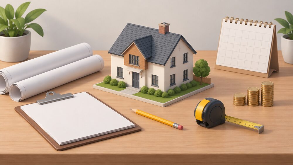 A small cutaway model of a house sits centrally on a table beside blank rolled plans, a clipboard with blank assessment sheets, a tape measure and a pencil, with a calendar and a small stack of coins nearby suggesting staged spending over time.
