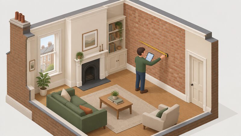 A simplified isometric retrofit assessor stands inside a Victorian terraced house living room, holding a tape measure against an exposed solid brick party wall while recording notes on a tablet held in the other hand.