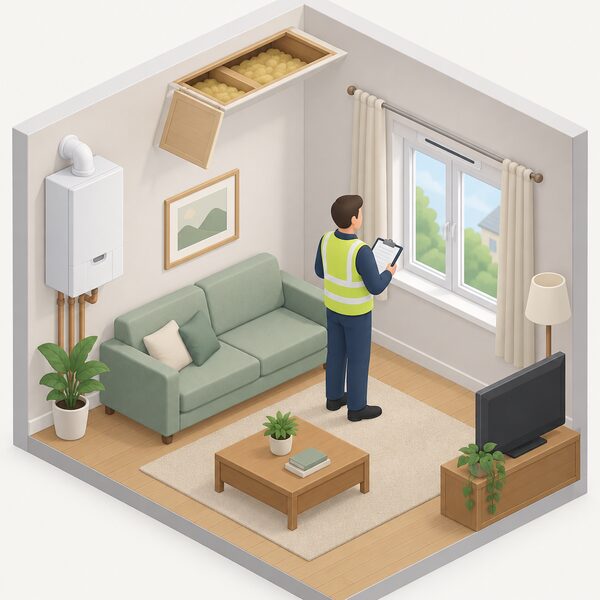 A domestic energy assessor with a clipboard stands inside a home's living room, inspecting the window glazing, with a wall-mounted boiler, loft insulation hatch and a trickle-vented window visible around the room during the in-person visit.