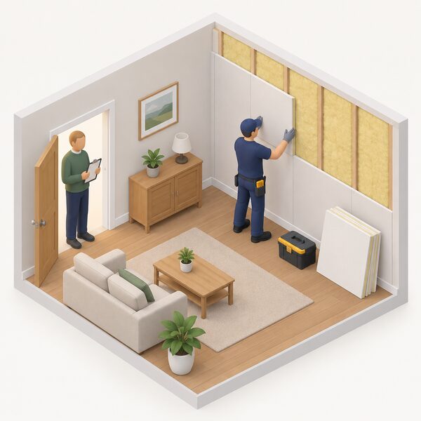 A registered installer in plain work clothing fits an internal wall insulation measure in a homeowner's living room while an assessor stands at the doorway holding a clipboard, observing the work as a surveillance visit.