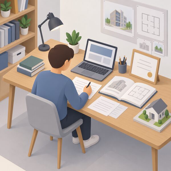 A trainee sits at a desk in a study setting, working through coursework for a built environment qualification, with an open textbook, loose study sheets and a laptop showing plain blocks instead of readable content, and a blank certificate-style document propped nearby.