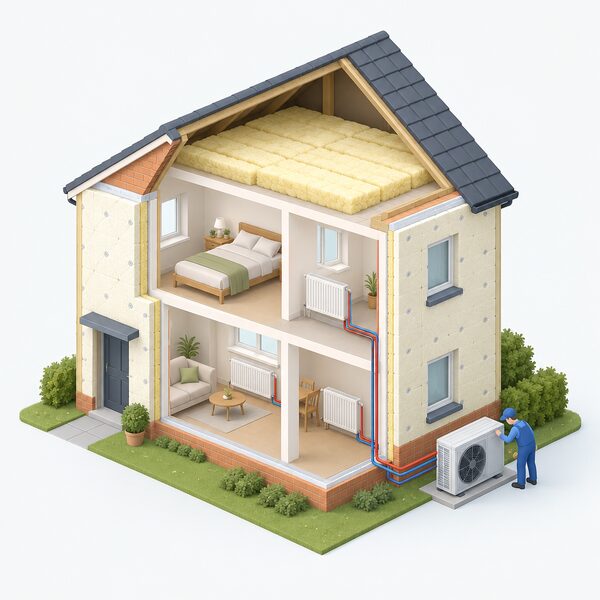A cutaway isometric view of a retrofitted UK home showing external wall insulation wrapping the walls, loft insulation under the roof, and a heat pump outside connected to indoor radiators, with a small figure inspecting the heat pump, the whole house drawing less on gas and imported electricity.