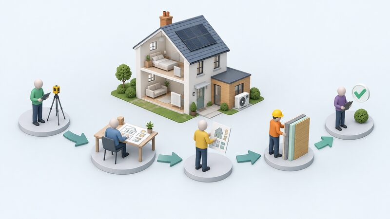 A simplified isometric diagram of a house with five plain figures representing the PAS 2035 roles arranged in sequence around it, arrows flowing from the assessor surveying the dwelling to the coordinator's plan, then to the designer and installer, and finally to the evaluator, showing how each stage feeds the next.