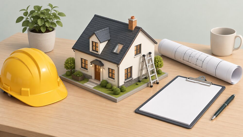 A small cutaway model of a house sits on a desk beside a clipboard with blank survey sheets, a rolled-up plan drawing, a hard hat and a folded ladder leaning against the model, suggesting a whole-house retrofit project being planned and signed off.