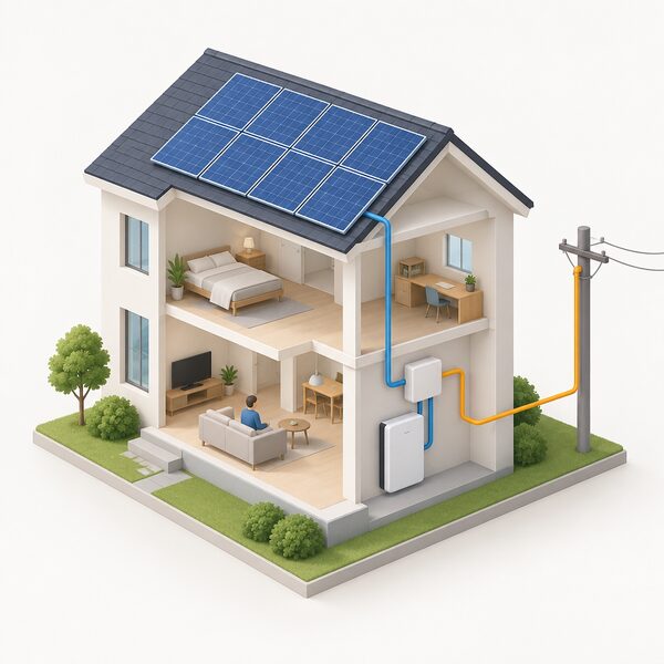 A cutaway house view showing a home battery unit on an indoor wall connected by cable to rooftop solar panels above, with a simplified grid connection line running to the house to show reduced grid draw.