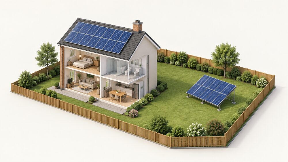 A cutaway view of a house with solar panels fixed to its pitched roof, and a separate ground-mounted panel array on a racking frame in the garden, angled toward the sun and set well back from the garden boundary.