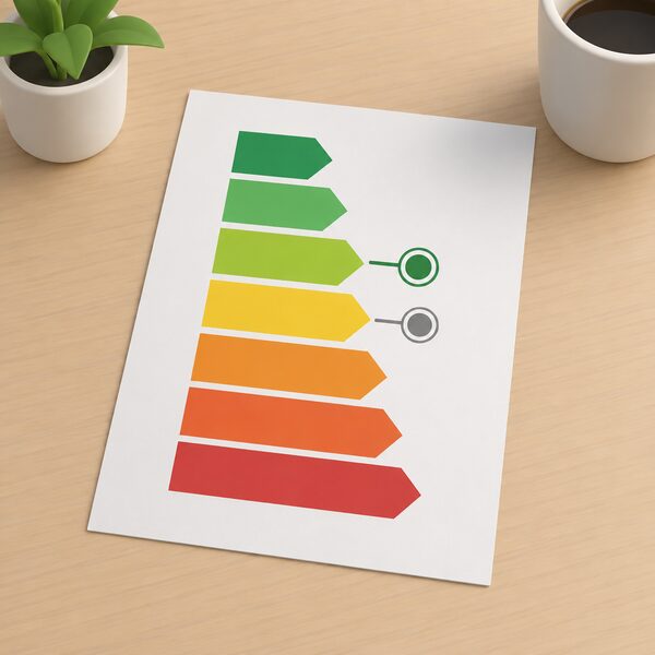A printed EPC rating chart sheet lying on a table, drawn as a vertical colour-banded scale from A at the top to G at the bottom, with the band C segment highlighted as a target marker one step above the band D segment shown as the average.