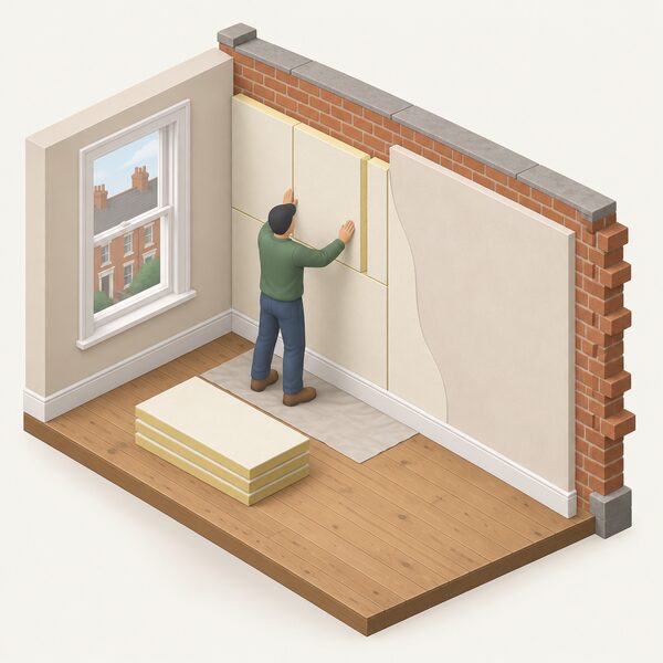 Inside a room of a solid-wall period terrace house, a simplified isometric figure fits rigid insulation boards to an exposed internal wall, with a section of finished insulated wall alongside showing the plaster layer applied over the boards.