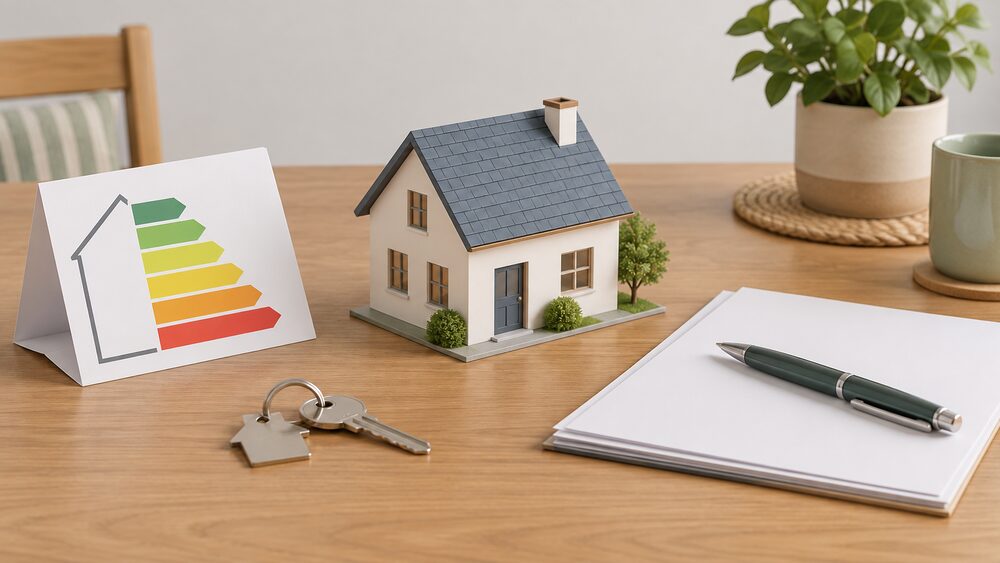A small arrangement on a kitchen table of a folded EPC certificate beside a house key, a pen resting on blank improvement-plan paperwork, and a small model house, suggesting the moment a household sets an energy target for their home.