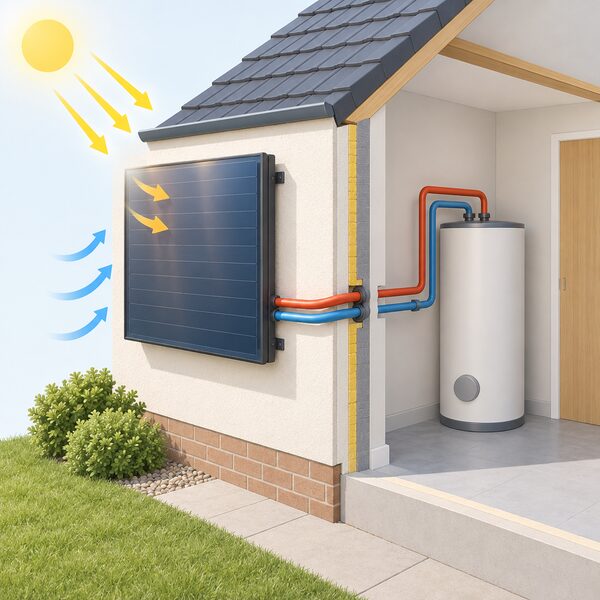 A large flat solar assisted heat pump evaporator panel mounted on an outside house wall in daylight, with sunlight falling directly onto it, connected by insulated pipework running through the wall to a hot water cylinder inside the home.
