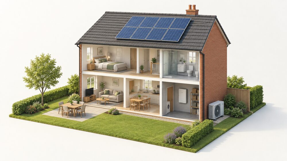 A cutaway of a modest UK house on a sunny day, with solar panels on the roof, an air source heat pump fan unit standing on the ground outside an external wall, and a home battery mounted on the wall of the garage or utility space inside the cutaway.