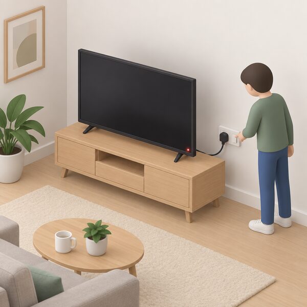 A living-room corner with a flat-screen television on a low stand, its small standby light glowing, connected by a plug to a wall socket, with a simplified isometric figure reaching for the socket switch to turn it off.