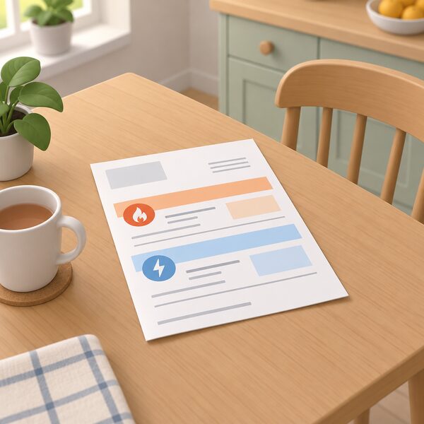 A paper household energy bill lying on a kitchen table, drawn as a physical document with plain colour bands and blank lines representing the fixed standing charge sections for gas and electricity, with no readable words or numbers.