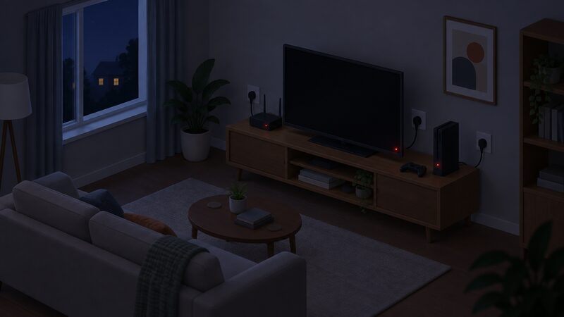 A dim living room at night with a television, a broadband router and a games console on a media unit, each showing a small red standby indicator light, all still plugged into wall sockets.