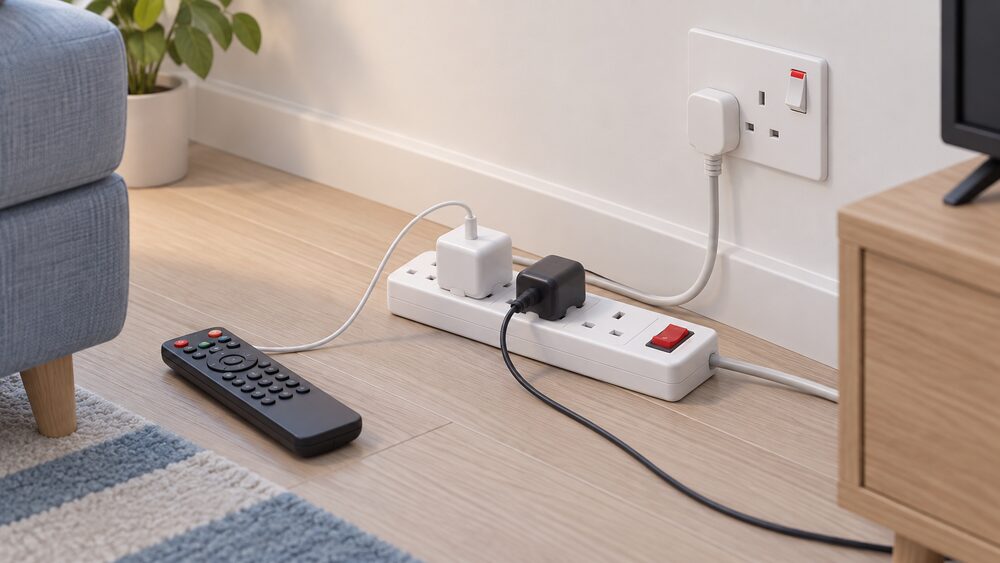 A switched extension lead lying on a living-room floor beside a television remote control and a couple of charger plugs, with one wall socket's rocker switch visible in the off position nearby.