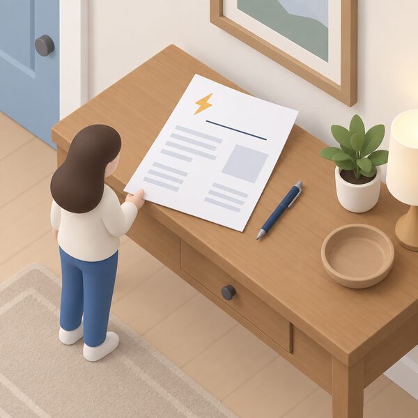 A paper electricity bill lying on a hall table beside a pen, held at one corner by a small isometric figure, with the account holder's name area shown as a blank line so the picture makes clear that the name printed on the bill is what determines eligibility on the qualifying date.