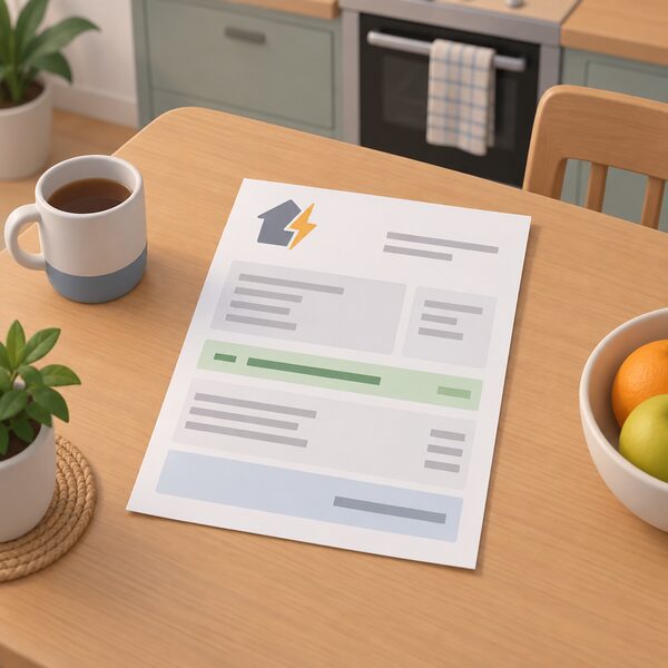 A paper household energy bill lying on a kitchen table, printed as a physical document with blank lines and plain colour bands, showing a distinct credit band representing the £150 discount applied by a participating energy supplier.
