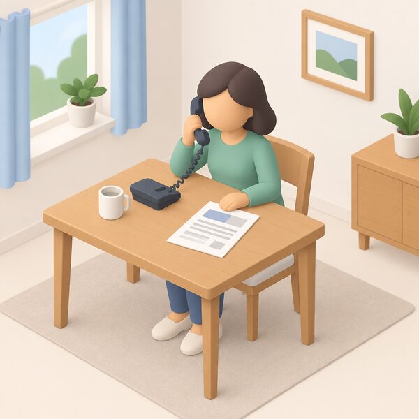 A simplified isometric figure sits at a table in a home setting holding a telephone handset to their ear, with an energy bill as a physical sheet of paper lying on the table beside them, showing a householder getting free advice over the phone.