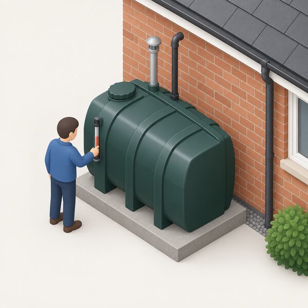 A small plastic home heating oil tank standing on a concrete base at the side of a brick Northern Ireland house, with its fill pipe and vent pipe rising from the tank top and a simplified isometric figure checking the level gauge.