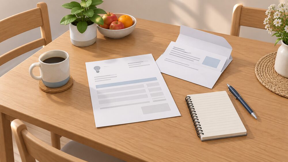 A kitchen table with a blank electricity bill, an opened supplier letter beside it, a pen, and a small notebook, arranged as the moment a household checks that a rebate has been applied to the bill.