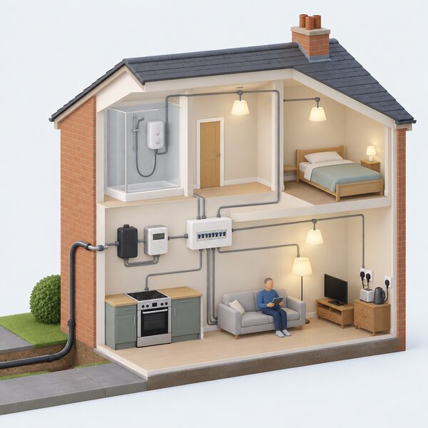 A simplified cutaway of a UK home's incoming electricity supply showing the service cable entering through the wall to a sealed main fuse and electricity meter, with simple line connections fanning out to a cooker, an electric shower, lights and a few plugged-in appliances.