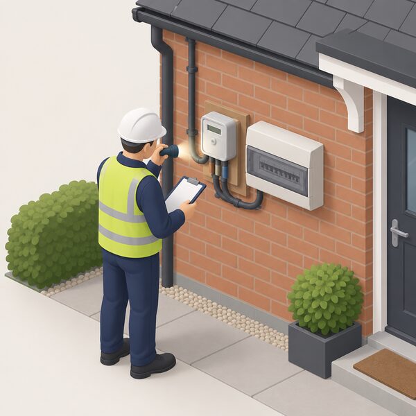 An installer standing at the consumer unit and electricity meter on a house's external wall, inspecting the existing supply with a torch and clipboard before submitting the connection application, with the incoming service cable and meter tails clearly visible.