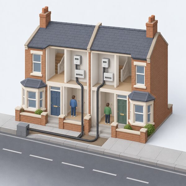 A simplified isometric view of two adjoining older terrace homes sharing a single looped electricity cable running from the street to both meter positions, with the shared cable clearly shown entering each home so the two properties are visibly not electrically independent.
