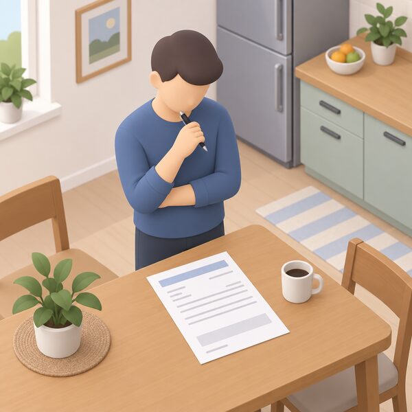 A formal printed quotation document for network connection upgrade work lying on a kitchen table in a home, with a simplified householder figure standing beside it holding a pen, shown at the moment of deciding whether to accept before any work proceeds.