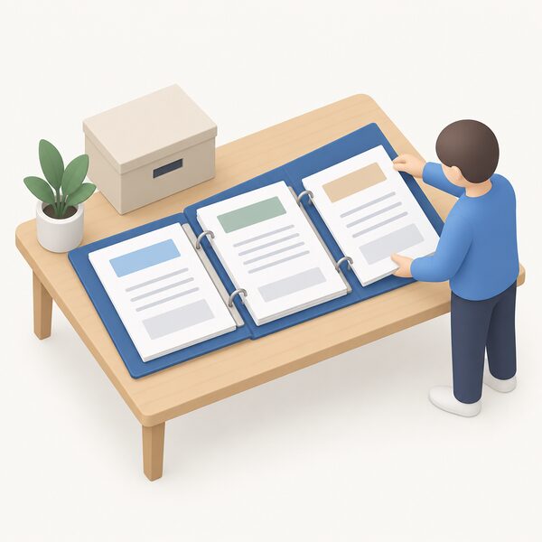 A home file folder lying open on a table, holding the connection application, the approval or quotation and the adequacy of supply assessment as printed sheets with blank lines and plain blocks, beside a small isometric figure filing them away.