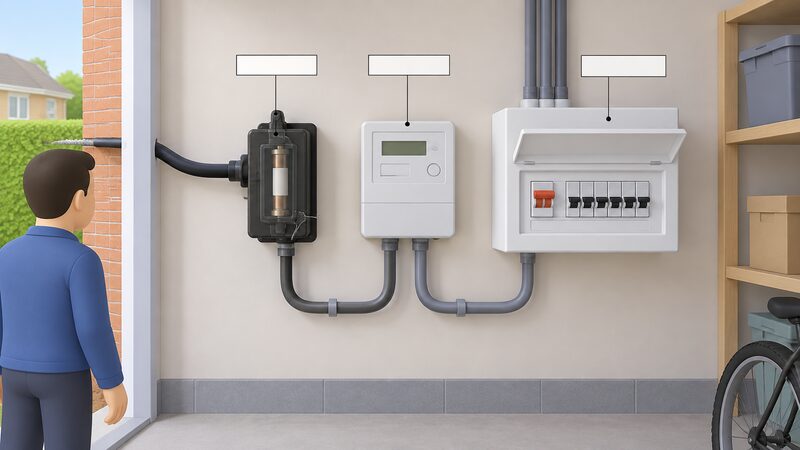 A simplified cutaway view of a UK home's incoming supply showing the sealed cut-out containing the main fuse, the electricity meter beside it, and the consumer unit with its main switch, each marked with a plain blank label, arranged in the sequence the supply enters the house.