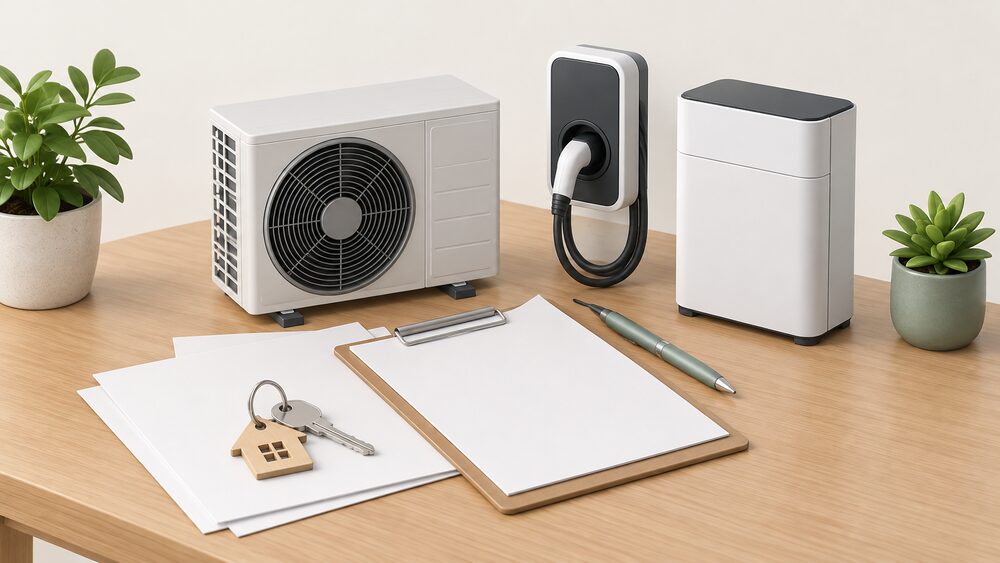 A small arrangement on a table of blank application paperwork and a clipboard, with a miniature air source heat pump unit, a small wall-mounted EV charger model and a compact battery unit standing beside it, and a house key resting on the papers.
