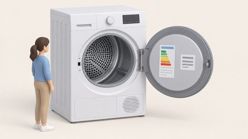 A front-loading tumble dryer with its door opened to reveal the energy label and rating plate stuck to the inside of the door, shown as physical stickers with blank colour bands and plain lines instead of readable figures.
