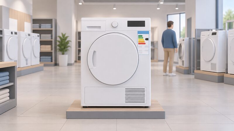 A tumble dryer standing on a retailer's showroom floor with its energy label displayed on the front, drawn as a physical object with plain colour bands and blank blocks so no readable figures appear, in a simple shop setting.