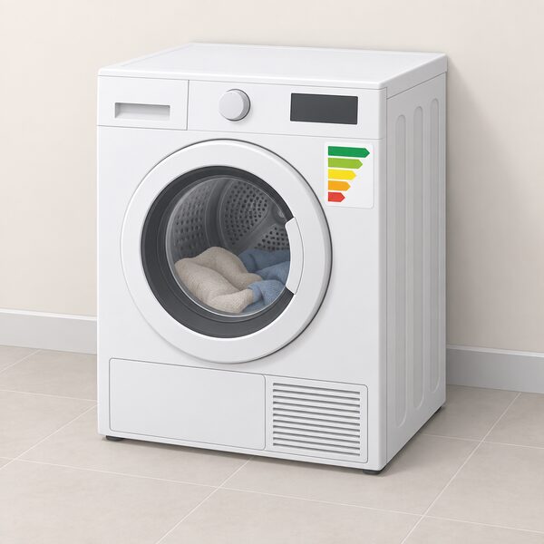 A tumble dryer in a utility room with its energy label stuck to the front, the label drawn as a physical sticker with a plain colour-banded arrow scale running from the longest band at the top to the shortest at the bottom, no readable letters or numbers.