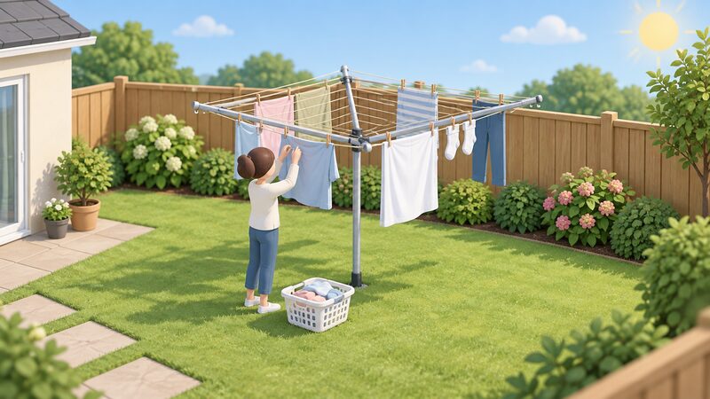 A small fenced back garden on a bright day with a four-arm rotary washing line at its centre, laundry hung on the lines, a simplified figure pegging out a garment, and a full laundry basket on the grass nearby.
