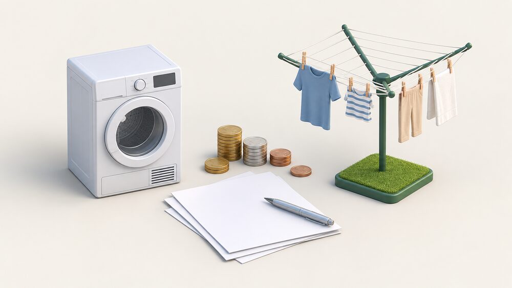 A small tabletop arrangement showing a miniature model of a tumble dryer on one side and a tiny model washing line with pegged clothes on the other, with a few coins and blank paperwork between them suggesting the yearly cost comparison.