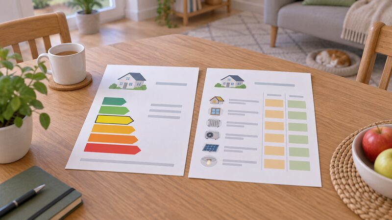 Two printed documents lying side by side on a household table: the certificate with its front-page rating band visible, and beside it the recommendations report open to a page where a list of improvement measures with plain cost and savings blocks is highlighted.